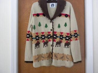Cárdigan Suéter Storybook Tejido Alce Mediano De Colección Tostado Flecos Azteca Rojo Marrón Foto 1 de 4