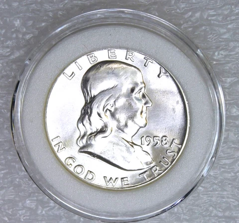 1958 P Franklin Silver Half Dollar BU Frosty White 90% FBL in Airtight cap E247 Cover