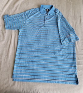 Foot Joy Polo Shirt Mens XL Blue Brown Stripe Stretch Golf Club Logo Preppy Dad - Picture 1 of 14