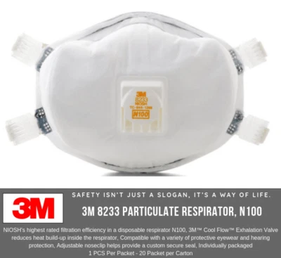 20- 3M 8233 N100 Particulate Respirator Protection Masks With Exhalation Valve - Image 1 of 3