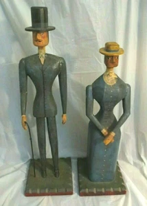 VINTAGE FOLK ART WOOD CARVED & PAINTED MAN & WOMAN FIGURES (2) Extra Tall (33") - Picture 1 of 10