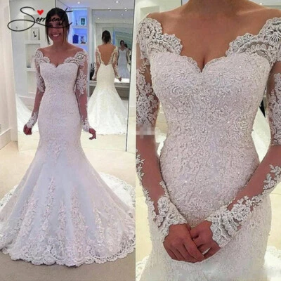 Luxury Mermaid Wedding Dresses Beaded V Neck Backless Long Sleeves Bridal Gown - Image 1 of 4