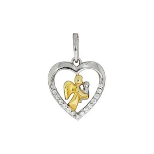 Ciondolo ciondolo catena argento sterling 925 bicolore cuore zirconi angelo c... - Foto 1 di 1