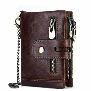 Billetera plegable para hombre cuero genuino RFID con cadena y doble cremallera bolsillo para monedas - Imagen 1 de 17