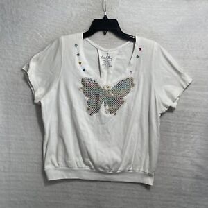 Coral Bay Blouse Top Womans Plus 1X Butterfly White Short Sleeve Cotton Pullover
