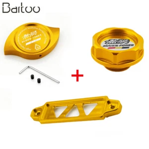 JDM Gold Billet Oil Filler Cap + Radiator Cap + Battery Tie Down - Picture 1 of 17