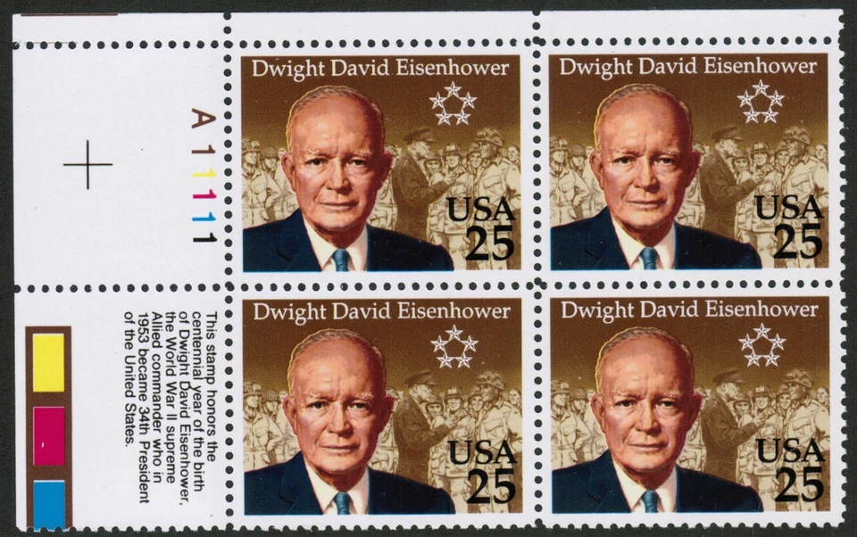 US USA Sc# 2513 MNH FVF PLATE # 4BLOCK Dwight D Eisenhower 34th President Texas - Image 1 of 1