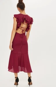 BNWT Hope & Ivy Burgundy Maroon Lattice Back Size 10 Midi Pencil Ruffle Dress - Picture 1 of 10