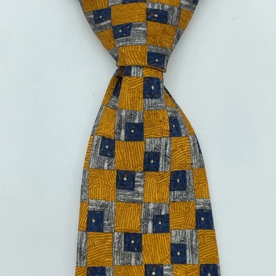 ERMENEGILDO ZEGNA Silk Geometric Mens Tie Gold Blue Gray Check Pattern 4x60 - Изображение 1 из 4