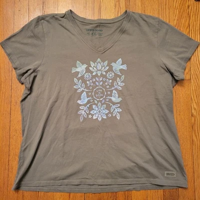 Life Is Good Crusher T 恤 XXL 绿色蓝色花卉鸟 V 领夏季 — 第 1/4 张图片