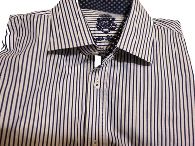 Inglés lavandería azul y/blanco a rayas, puño abatible LS elástico 17 1/2 32/33 botón Foto 1 de 4