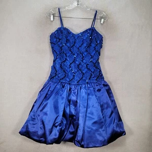 Vtg Royal Blue Satin Sequin Smocked Pleated Prom Diva Mini Women Dress Size 11 - Picture 1 of 14