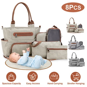8Pcs Baby Nappy Diaper Bags Tote Set for Mom Dad Mummy Shoulder Multifunctional - Picture 1 of 30