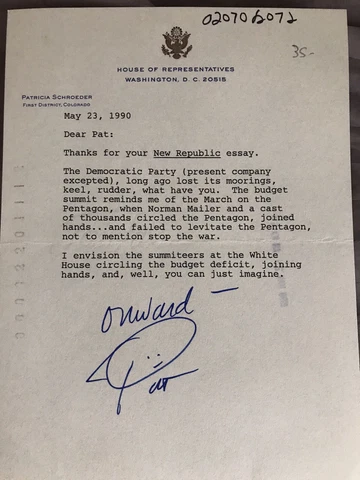 Patricia Schroeder Typed Letter Signed - To NY Senator Daniel P. Moynihan Cover