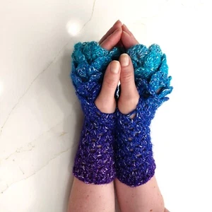 Mermaid Scales Fingerless Gloves Dragon Scale Handmade Fantasy Crochet Costume - Picture 1 of 8