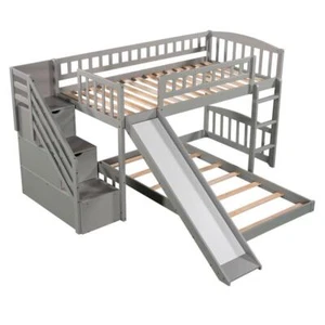 Twin over Twin Bunk Bed with 2 Drawers and Slide for Kids Bedroom Furniture Gray - Picture 1 of 12