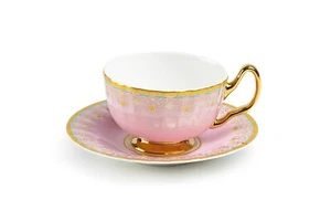 Grace Teaware Pink Floral Toile 6oz Fine Porcelain Tea Cup and Saucer - Picture 1 of 3