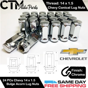 24PC CHEVROLET CHROME CONICAL SEAT 14X1.5 WHEEL LUG NUTS BULGE ACORN FOR CHEVY - Picture 1 of 5