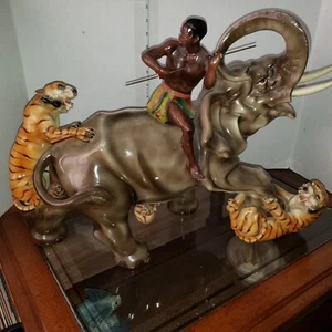 MCM 1950s Blackamoor Zulu Nubian Mahout Warrior on Elephant Battles w/ Tigers - Picture 1 of 15