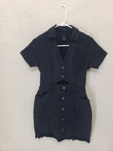 Forever 21 Women Dress Large Black Cotton Blend Short Sleeve Button Down Cut Off - Picture 1 of 18