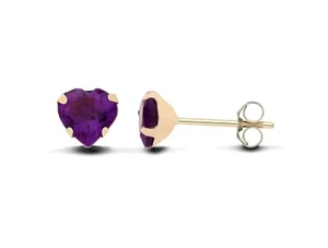 9ct Gold Amethyst Heart Stud Earrings - Natural Stones - UK Made - Picture 1 of 6
