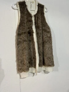 NY Collection Women's Vest Ivory/ Brownish Faux Fur Size Large - Picture 1 of 6