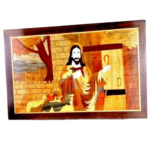Religious Jesus With Lambs Wooden Picture Hand Carved Spiritual - Picture 1 of 3