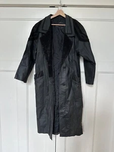 Vtg Pelle Leather Trench Coat Women Small 80s Long Embossed Mobwife Shoulder Pad - Picture 1 of 22