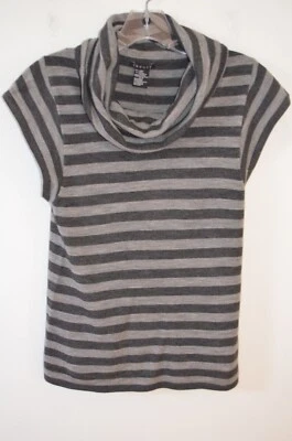 Theory Gray Striped Cowl Neck Short Sleeve 94% Wool/6% Nylon Sweater Size S - Image 1 of 4