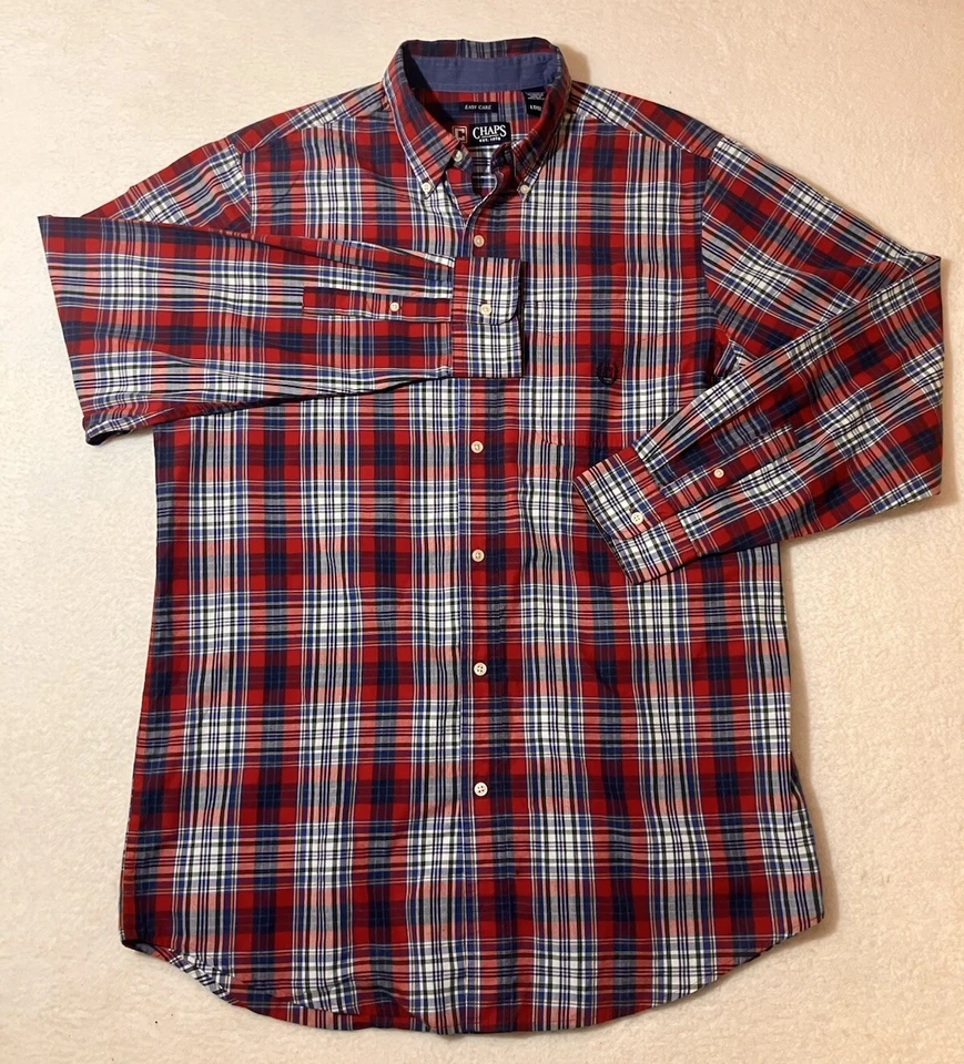 Chaps Shirt Men’s Size LT Easy Care Long Sleeve Button Up Plaid Red White - Image 1 of 4
