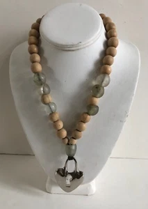Vintage Robert Lee Morris African Glass & Wood Bead "Key Hole Heart" Necklace - Picture 1 of 7