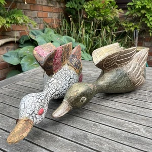 Vtg Large Hand Carved Wooden Duck Goose 20” Long Solid Wood Figure Folk Art pair - Picture 1 of 6