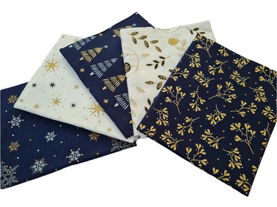 5 Pack Navy & Gold Metallic Christmas 18" X 22" Fabric, 100% Cotton Fat Quarters - Image 1 of 4