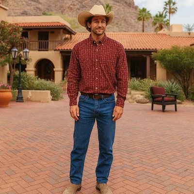 Camisa LL Bean Hombres Borgoña AOP Pana Abotonada Manga Larga Western Artística S Foto 1 de 4