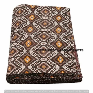 Queen Brown Ikat Print Boho Summer Kantha Quilt Cotton Home Dorm D?cor Blanket - Picture 1 of 5