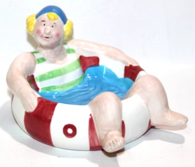 Boston Warehouse Bathing Beauty Red Swimsuit Blue Trim Chip Dip Tray Ceramic 7” - Image 1 of 4