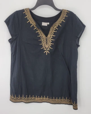 Top eShakti Mujer Grande Negro Bordado Manga Gorra Boho Campesino Popover Foto 1 de 4