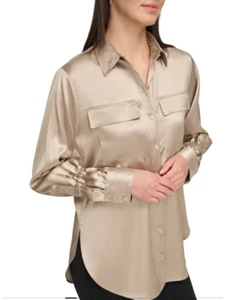DKNY Damen Langarm 2 Patten Taschen Knopf Satin Tunika Shirt Small $ 99 - Bild 1 von 11