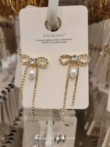 Primark Long Drop / Dangle Bow Design Earrings Gold Colour New Bow Shape - Picture 1 of 2