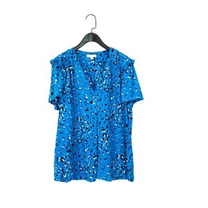 Monsoon Cobalt Blue Animal Print Ruffle Trim V-Neck Blouse - Size M 12 14 - Picture 1 of 11