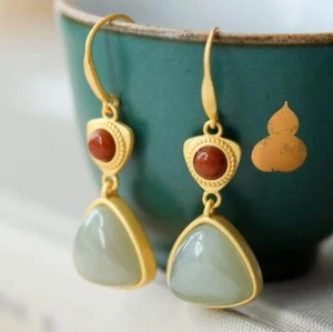 Green Jade Triangle Earrings 18K Gold Plated Inlaid Red Agate Earhook Jewelry - Picture 1 of 4