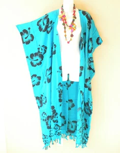 CD503 Aqua Batik Cardigan Duster Kaftan Batwing Plus Hippy Jacket - up to 5X - Picture 1 of 3