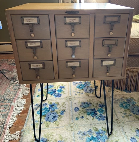 Vintage MCM Remington Rand Library Card Catalog File 9 Drawer Maple Wood Hairpin Cover