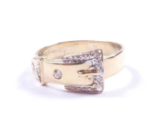 Ladies 9ct Buckle Belt Ring 9 Carat Yellow Gold Set With CZ UK Size M - Picture 1 of 9