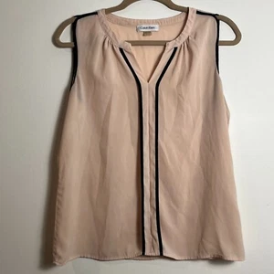 Calvin Klein seidig transparente Bluse Gr. S hellrosa mit schwarzer Paspel ärmellos V-Ausschnitt - Bild 1 von 6