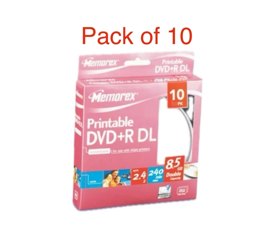 10 x Memorex Printable DVD+R DL 2.4x DVD Dual Double Layer  8.5GB 240 mins - Image 1 of 1