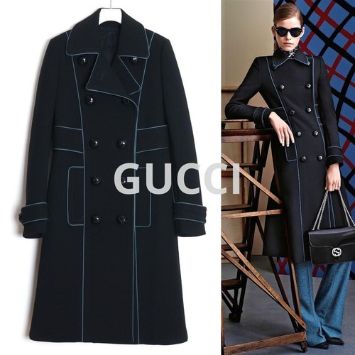 GUCCI 15AW Frida Giannini Cappotto Doppiopetto Lana Blu Seta Piping 36 Nero