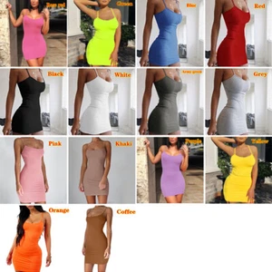 Women Bodycon Mini Tank Dress Spaghetti Strap Solid-Sexy Party Club Wear Dresses - Picture 1 of 16