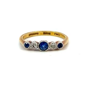 Vintage 18K Yellow Gold And Platinum Blue Sapphire Diamond Ring Size 5.25 - J395 - Picture 1 of 9