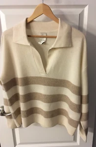 NWT Joie Women's 100% Cashmere Striped Soft Boxy Fit Sweater Ivory/Beige Size L - Picture 1 of 9